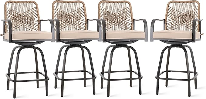 Outdoor Bar Stools Set of 4, 360° Swivel Metal Frame, Wicker Patio Bar Height Stools with Cushion, All-Weather Rattan Chair Design for Patio Backyard, Lawn Garden, Balcony, Poolside