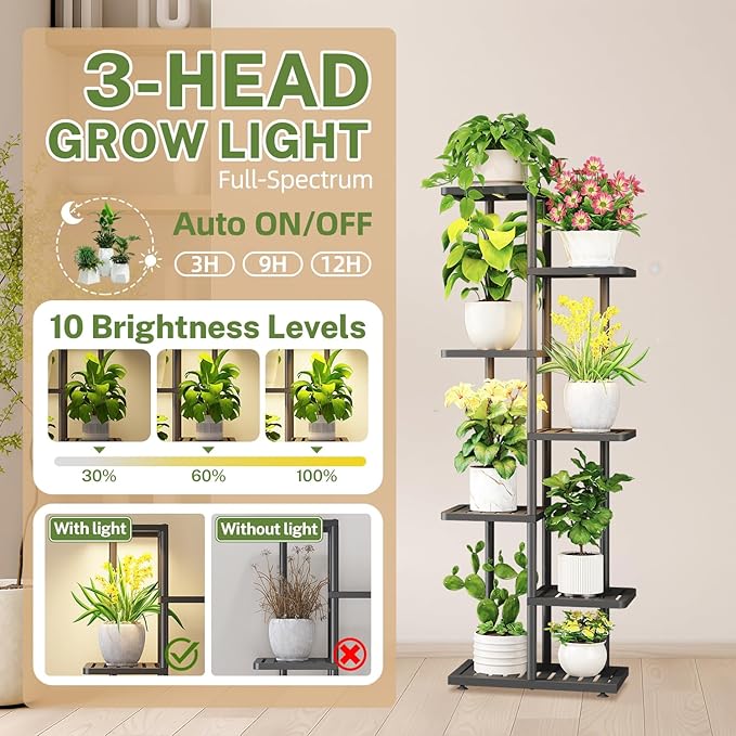 iDavosic.ly Plant Stand with Grow Light Indoor Outdoor, 6-Tier Tall Metal Flower Shelf for Heavy-Duty Large Planters, Corner Orchid Display Rack for Living Room Balcony Patio Porch, Modern Black