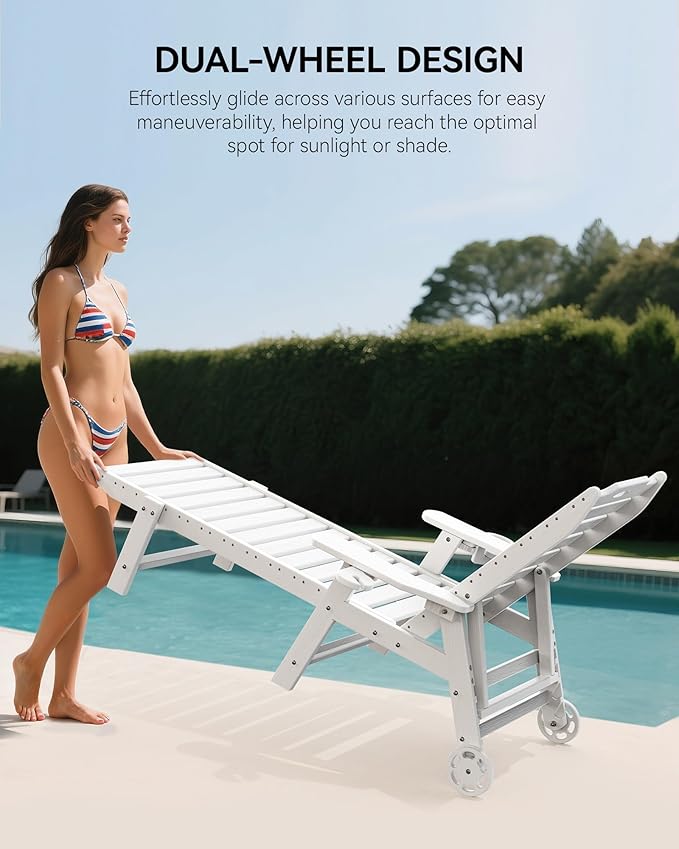 Carauci Lounge Chair Outdoor Set of 4, HDPE Chaise Lounge with Wheels, 5-Position Adjustable Backrest & 2 Cup Holders Patio Lounge Chair, All-Weather Pool Sun Lounger for Poolside, Backyard, White