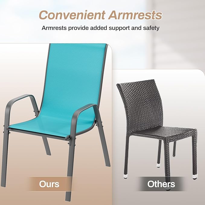 TLSUNNY Patio Chairs, Stackable Textilene Outdoor Dining Furniture for All Weather, with 17.7″ Wide Seat & Metal Frame, for Garden, Backyard, Deck, Restaurant, Poolside (6, Turquoise Blue, 24.6″)