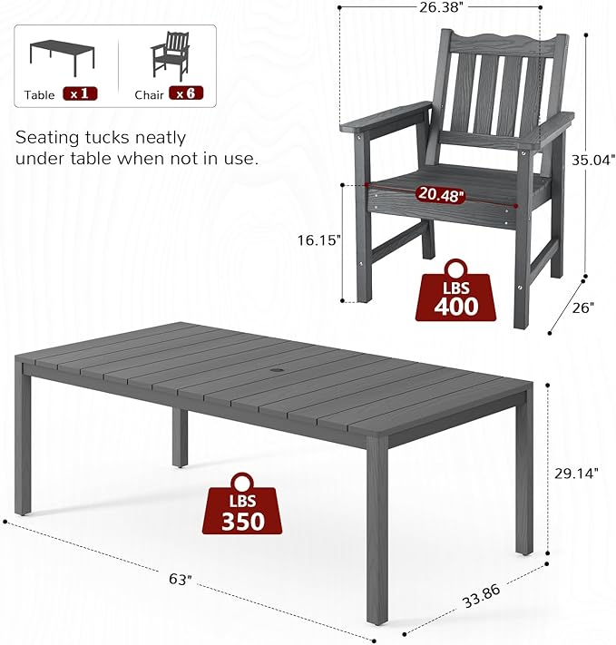 Stoog 6 Pieces Outdoor Patio Dining Set, All-Weather Dining Table and Chairs Set with Bench for 6 People, Outdoor Furniture Set with 2" Umbrella Hole for Garden, Backyard and Lawn, Grey