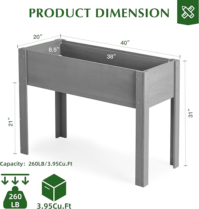 SoliWood Set of 2 Raised Garden Bed with Legs, 40x20x31'', Outdoor Wood Elevated Planter Box, Thick Legs, w/Liner
