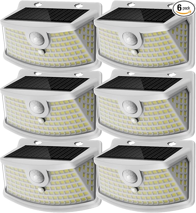 Aootek New Solar Motion Sensor Lights 120 LEDs with Lights Reflector,270° Wide Angle, IP65 Waterproof, Step Lights for Front Door, Yard, Garage, Deck (White, Daylight White, 6-Pack)