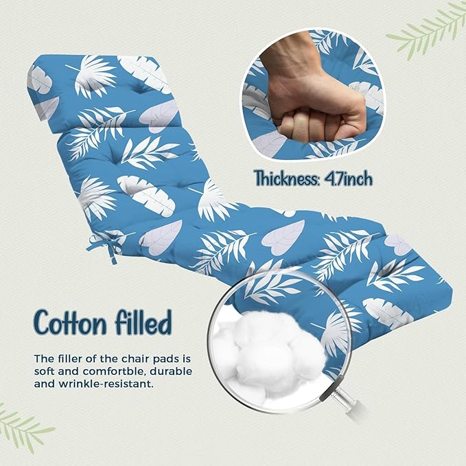 Outdoor Chaise Lounge Chair Cushion 75.1 x 22.8 x 4.7 Inches 100% Waterproof Replacement Cotton Patio Pool Lounge Chair Cushion for Outdoor Furniture with Ties, Blue Leaf