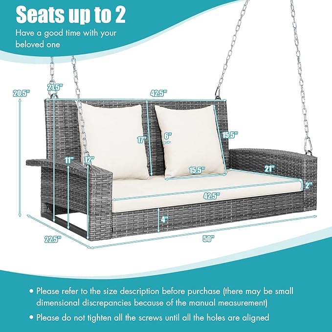 RELAX4LIFE 2-Person Porch Swing Bench - PE Rattan Outdoor Swing Chair with Comfortable Seat & Back Cushions, Rustproof Metal Chains, Patio Loveseat Swing for Balcony, Garden, Yard, 800 LBS (Off White)