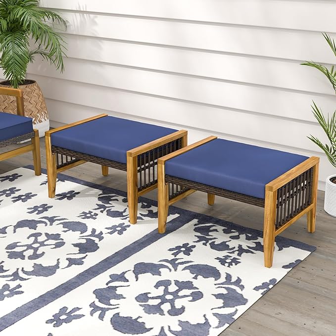 Tangkula Set of 2 Outdoor Ottomans, Patio Acacia Wood Ottomans with Cushions, Versatile Rattan Woven Footstools, Wicker Footrest Extra Seating for Backyard, Poolside, Porch