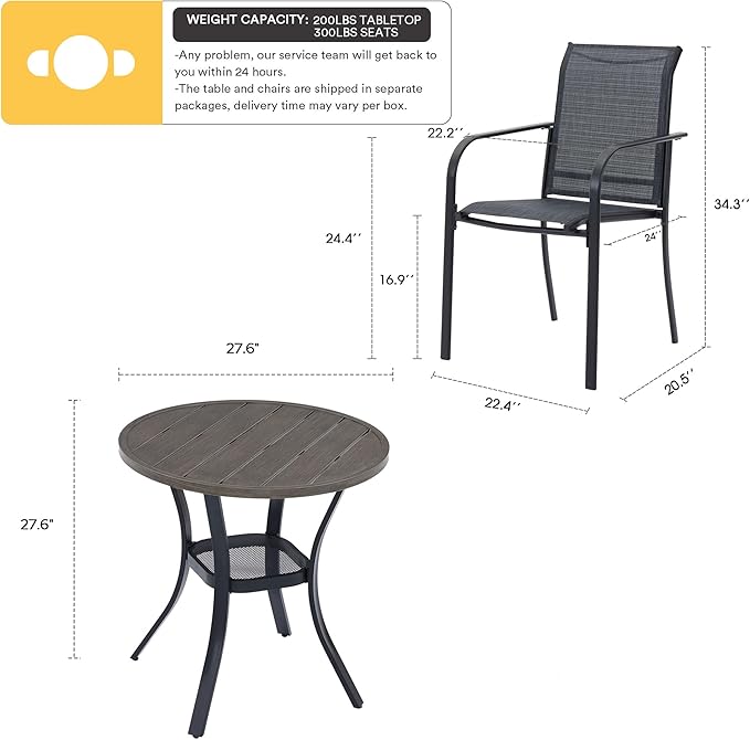 VICLLAX 3-Piece Patio Dining Set for 2, Includes Round Table and 2 Stackable Chairs, Grey Wood-Like Set
