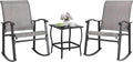 Shintenchi 3 Piece Rocking Bistro Set, Outdoor Furniture with Rocker Chairs and Glass Coffee Table Balcony, Porch Furniture for Small Space, Gray