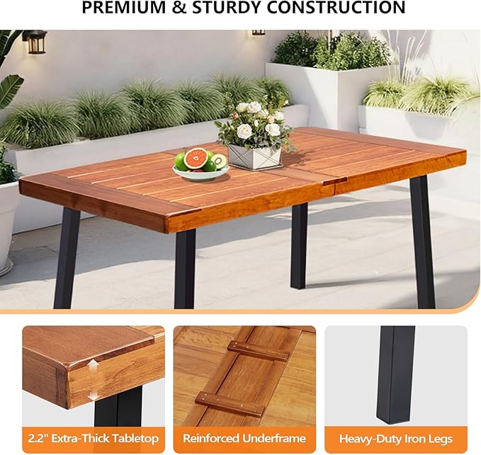 VINGLI 69 Inch Wood Dining Table with Iron Legs, 6-Person Indoor Outdoor Patio Garden Table, All-Weather Rustic Farmhouse Kitchen Table
