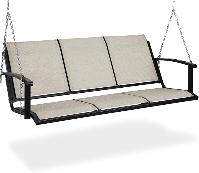 Textilene 3 Seat Hanging Swing, 5.2FT Patio Bench Swing, 660lbs Heavy Duty Outdoor Porch Swing with Hanging Chains for Courtyard, Garden, Tree, Yard