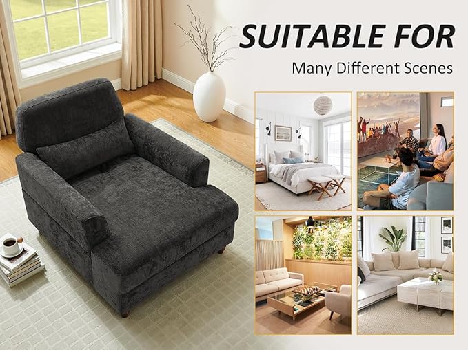 Chaise Lounge Chair Indoor with Adjustable Backrest, Upholstered Mid-Century Reading Chair, Oversized Accent Armchair for Living Room & Bedroom, Comfy Single Sofa Chair, Modern Living Room Chair