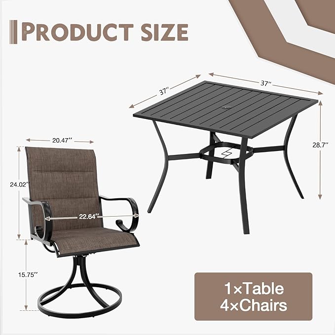 MELLCOM 5-Piece Outdoor Dining Set, 4 Swivel Rocker Chairs with High Back Textilene & Square Metal Dining Table with Umbrella Hole, Patio Furniture Set for Porch, Backyard, Deck, Brown