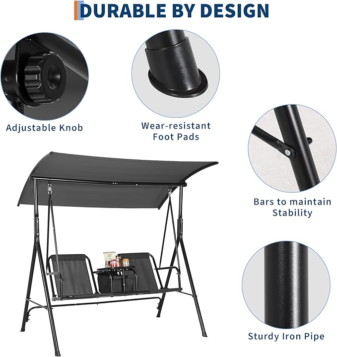 Porch Swing with Cup Holders & Pivot Storage Table & Cooler Bag with Adjustable Canopy for 2 Person Patio Swing for Backyard Balcony Poolside Black