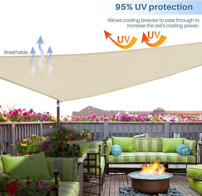 E&K Sunrise 19' x 19' x 19' Sun Shade Sail Triangle Canopy Shade Cover UV Block for Patio Backyard Garden Outdoor (Beige)