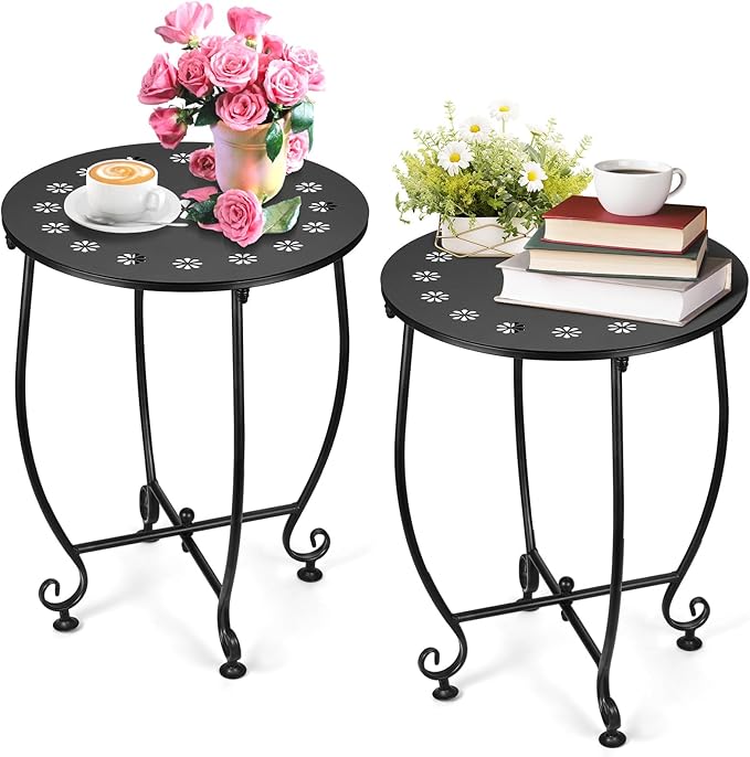 2 Pack 14 Inch Outdoor Side Tables for Patio, Weather Resistant Steel Patio Side Table, Small Round Outdoor End Table Metal Side Table for Patio Yard Balcony Garden Black (Petal)