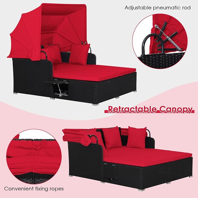 RELAX4LIFE Patio Outdoor Daybed with Canopy, Wicker Sunbed w/Cushions, 4 Pillows & 2 Retractable Side Trays, 2-Person Lounge Bed Conversation for Poolside Porch Garden, Rattan Outdoor Bed (Red)