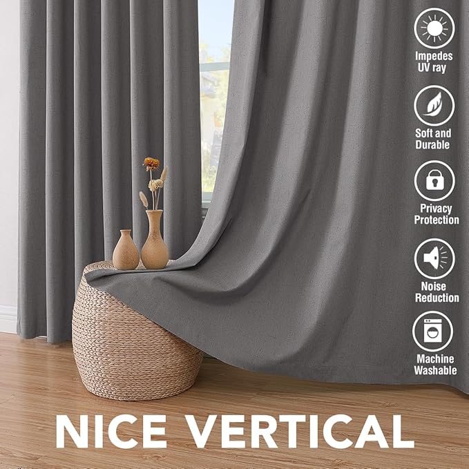 H.VERSAILTEX Linen Blackout Curtains 54 Inches Long 100% Absolutely Blackout Thermal Insulated Textured Linen Look Curtain Draperies Anti-Rust Grommet, Energy Saving with White Liner, 2 Panels, Grey