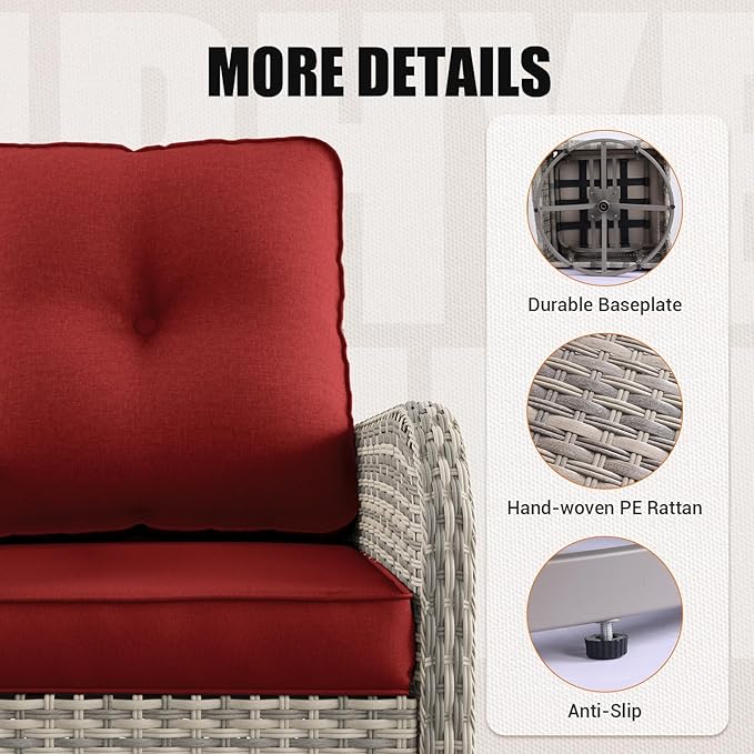 11-Piece Outdoor Patio Furniture Set with Rocking Swivel Chair Wicker Sectional Sofa Set, Patio Conversation Set with Ottomans & Coffee Table for Garden, Backyard, Poolside, Red