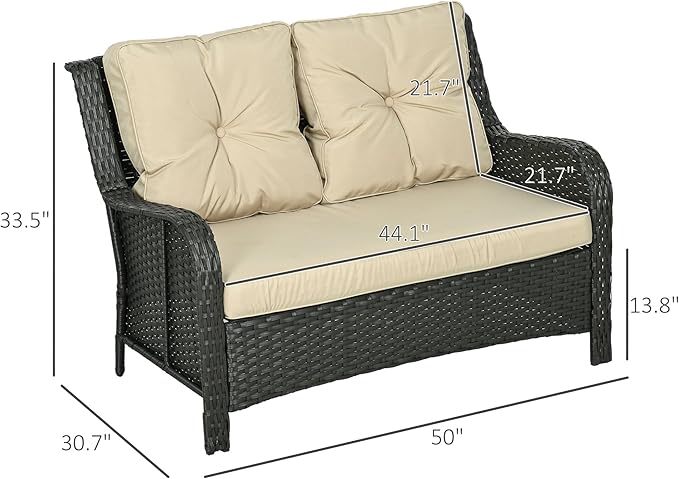 Outsunny 2-Seater Outdoor Sofa with 4" Thick Padded Cushions, PE Rattan Patio Outdoor Couch with Curved Armrests for Sunroom, Garden, Poolside, Beige