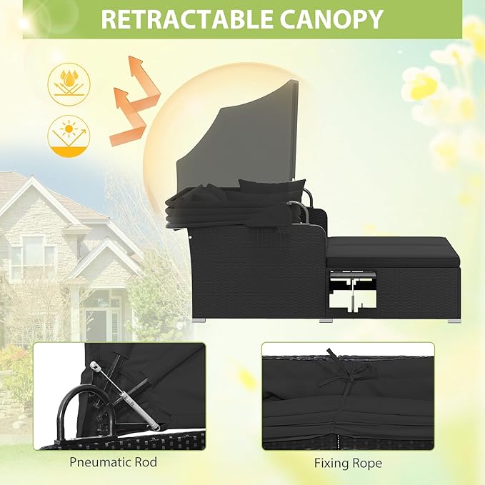 ORALNER Outdoor Daybed, 2-Person Wicker Patio Sofa with Retractable Canopy, Cushions & Pillows, 2 Side Trays, PE Rattan Double Sunbed Lounger for Deck Poolside Garden Balcony (Black)