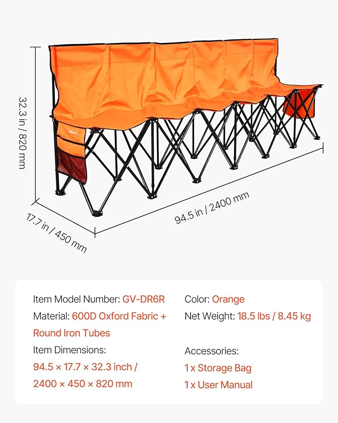 VEVOR Portable Folding Bench, 6 Seat Foldable Soccer Bench with Side Pockets and Carrying Bag, Lightweight Sideline Seating with Back Rest for Football, Baseball, Camping, Outdoor Events, Orange