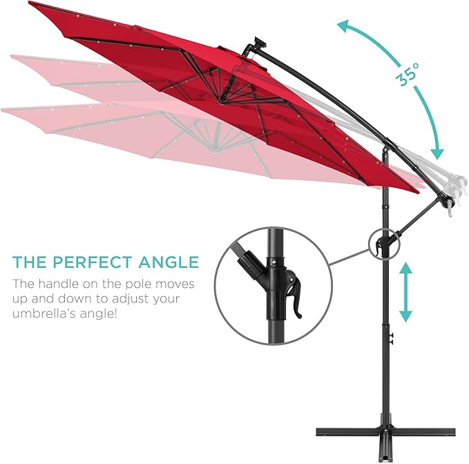 Best Choice Products 10ft Solar LED Offset Cantilever Hanging Market Patio Umbrella, 8 Sturdy Ribs, Easy Adjustment - Red