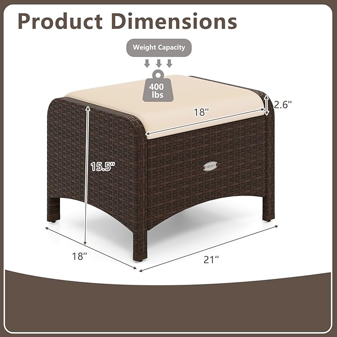 RELAX4LIFE Wicker Outdoor Ottomans for Patio - Set of 2 Rattan Footstools w/Removable Cushions, Multipurpose Outside Foot Rest, Side Table & Additional Seating for Porch Garden Backyard (Beige)