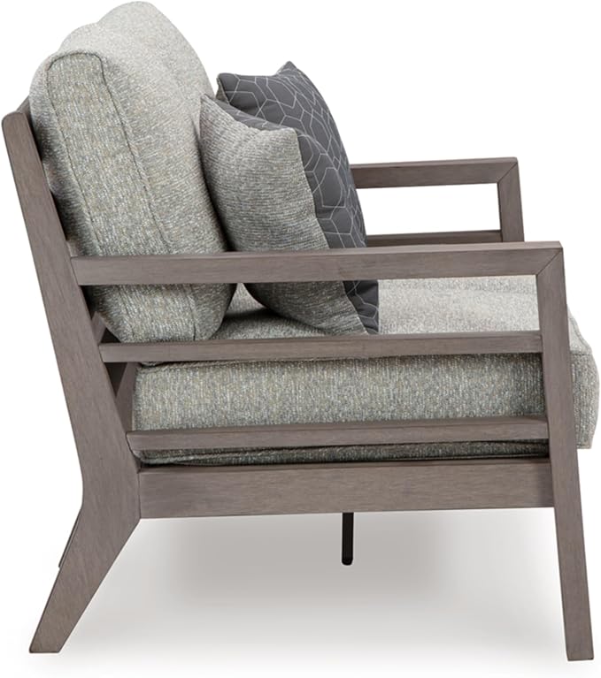 Signature Design by Ashley Hillside Barn Contemporary Nuvella Weather Resistant Fabric Outdoor Loveseat with Cushion and 2 Throw Pillows, Light Brown & Light Gray