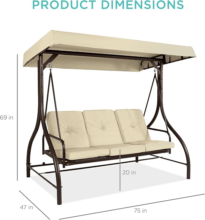 Best Choice Products 3-Seat Outdoor Large Converting Canopy Swing Glider, Patio Hammock Lounge Chair for Porch, Backyard w/Flatbed, Adjustable Shade, Removable Cushions - Ivory