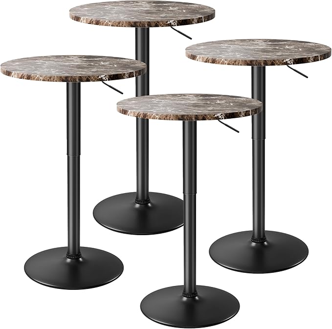 Flamaker Round Bistro Pub Table 23.6 Inch Height Adjustable 360° Swivel Bar Table Metal Base for Pub, Dining Room, Party (4, Marble-Black)
