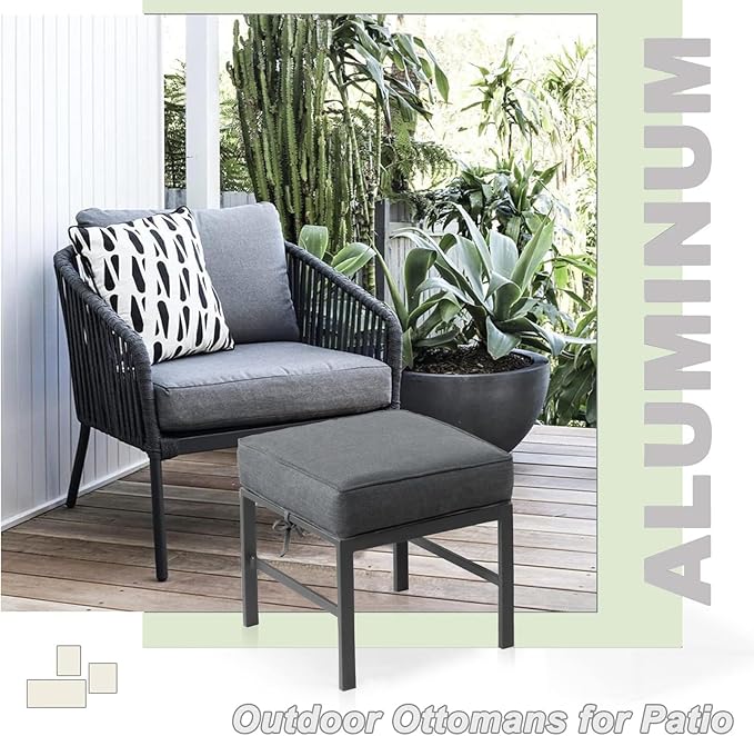 2 Pieces Outdoor Ottomans for Patio, No-Assembly Aluminum Outdoor Patio Footstool with Gray Cushions, Small Aluminum Patio Seat for Porch Yard Garden Deck, Grey Frame