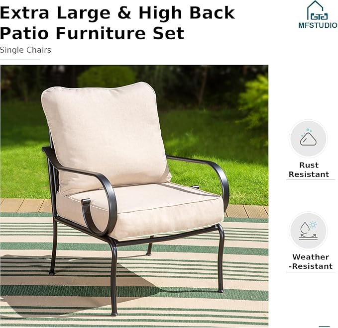 MFSTUDIO 7 Seats Metal Patio Conversation Furniture Sets, 6 Pieces Outdoor Sectional Sofa with 2 Swivel Chairs, 2 Fixed Chairs, 3-seat Sofa and Table for Outside Backyard Poolside Garden