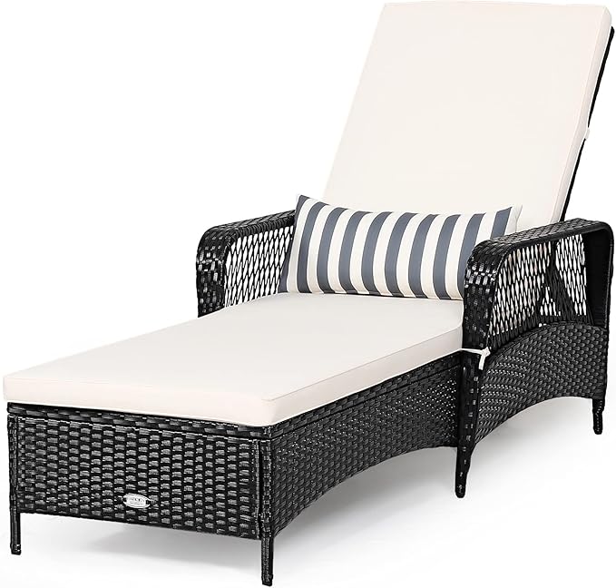 Tangkula Wicker Chaise Lounge Outdoor, Patio Rattan Reclining Chaise with 6-Gear Adjustable Backrest, Thick Padded Cushion & Removable Lumbar Pillow, Pool Lounge Chairs for Outside Balcony Backyard