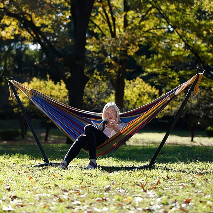 Vivere Double Cotton Hammock with Space Saving Steel Stand, Upgraded Polyester End Strings 450 lb Capacity - Premium Carry Bag Included - (Tropical)