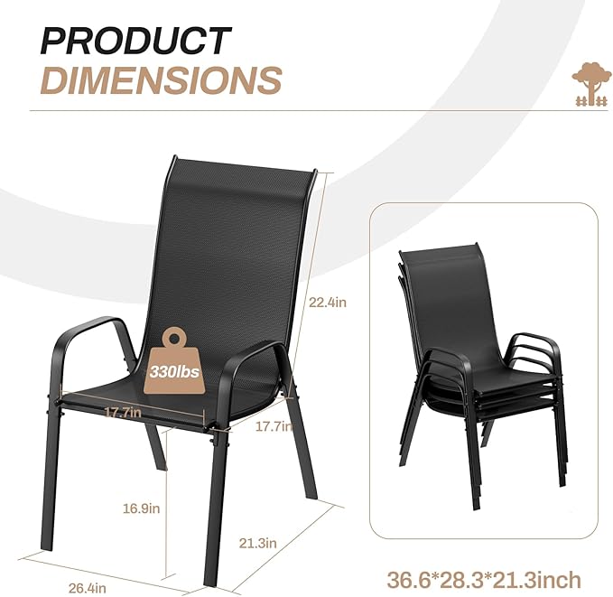 TLSUNNY Patio Chairs, Stackable Textilene Outdoor Dining Furniture for All Weather, with 17.7″ Wide Seat & Metal Frame, for Garden, Backyard, Deck, Restaurant, Poolside (6, Black, 26.4″)