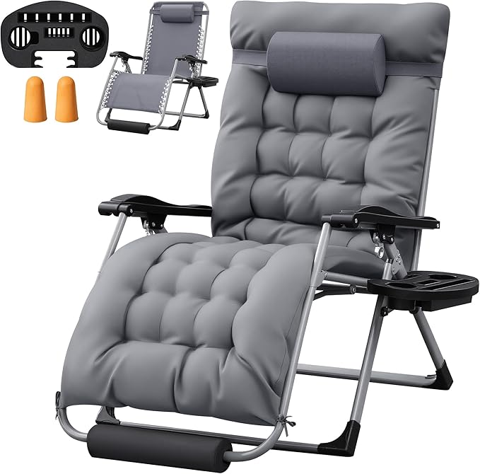 Homall Oversized Zero Gravity Chair, 32In Recliner Lounge Chair with Removable Soft Cushion and Cup Holder, Adjustable Anti Gravity Chair Folding Patio Chairs Padded for Indoor and Outdoor, Grey