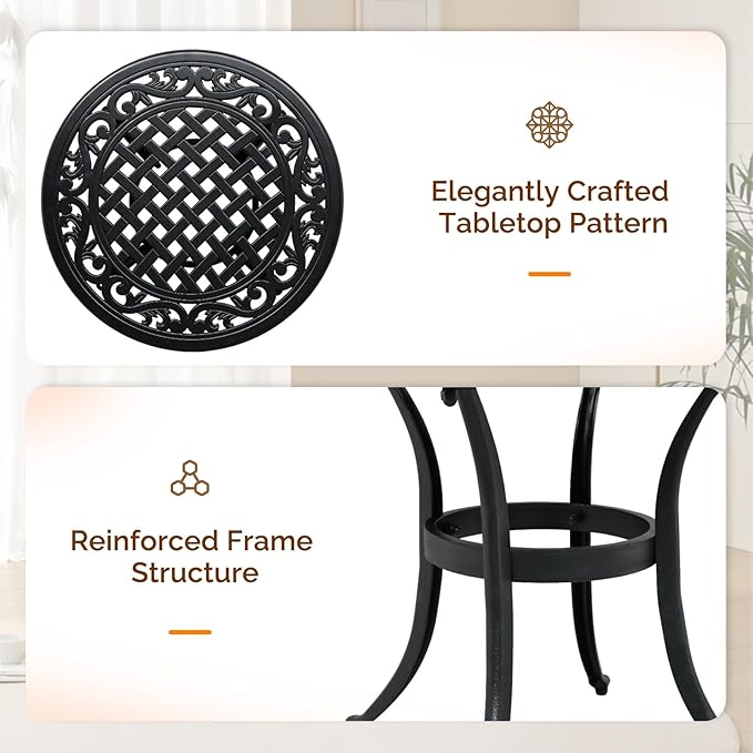 VINGLI 24” Cast Aluminum Outdoor Side Table, All Weather Round Patio Side Table End Table for Porch Backyard Balcony Outside (Black)