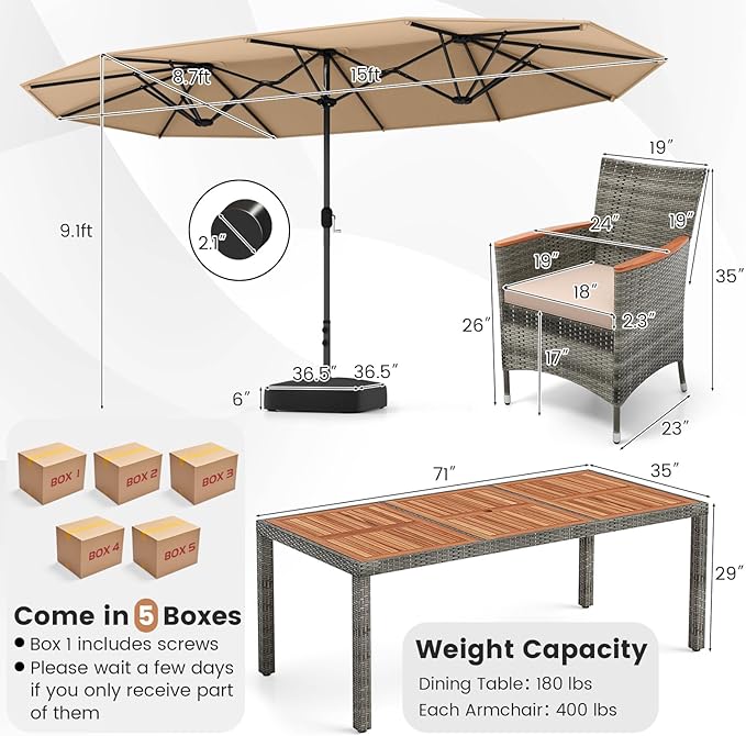 Tangkula 10 Pieces Patio Wicker Dining Set w/Double-Sided Patio Umbrella, Outdoor Acacia Wood Furniture Set w/ 8 Armchairs, 71” Dining Table & 15 ft Umbrella with Weighted Base (Coffee)