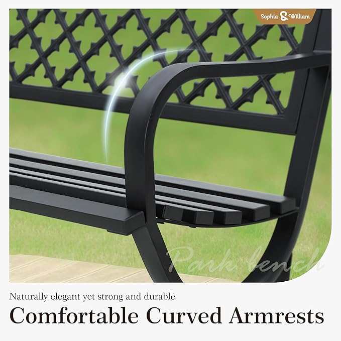 Sophia & William Outdoor Bench, 50 inches Metal Garden Bench, Cast Iron Park Benches for Outside with Floral Backrest and R-Shaped Legs for Porch Yard Lawn Deck, Black