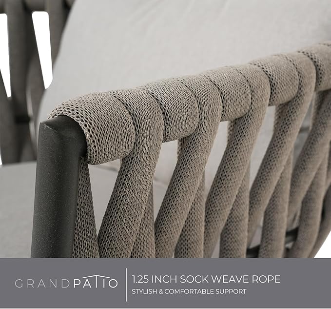Grand patio Dining Chair Set of 3, Swivel Rope Armchairs with Cushions and Round Side Table with Tile Tabletop, Wicker, Indoor Outdoor Modern Style, Backyard, Balcony, Light Gray Brown