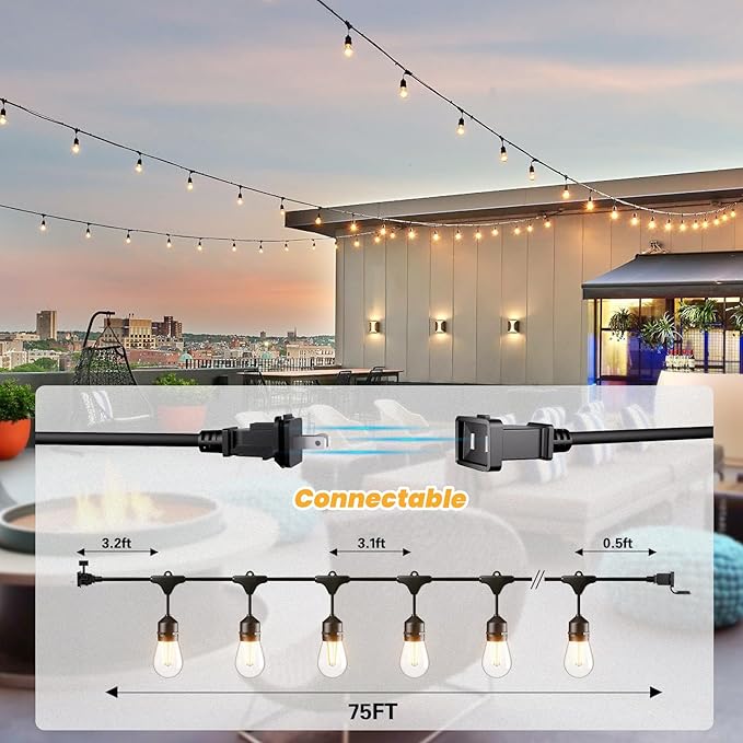 Svater 75 FT Outdoor String Lights 2W, Patio Light for Outside with 26 Antique S14 Plastic LED Bulbs, IP65 Waterproof Hanging Cafe Market Lighting, ETL-Listed Dimmable Warm White