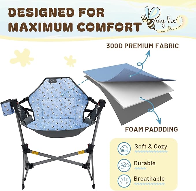 BusyBee Hammock Camping Chairs for Kids, Folding Kids Chair with Stand, Child Camping Gear, Hammock Swing Chair with Cup Holder & Carrying Bag for Outdoor, Lawn, Hiking, Indoor, Supports 125 LBS, Blue