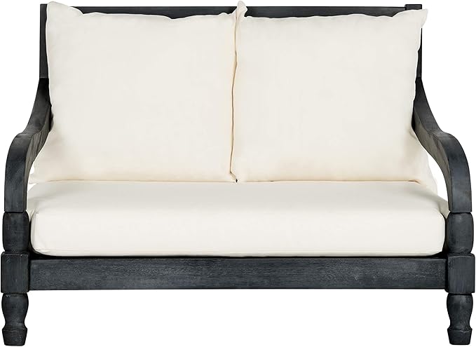 SAFAVIEH Outdoor Collection Pomona Dark Slate Grey Solid Wood/Beige Cushion Lounger Bench Sofa Loveseat (PAT6740K)