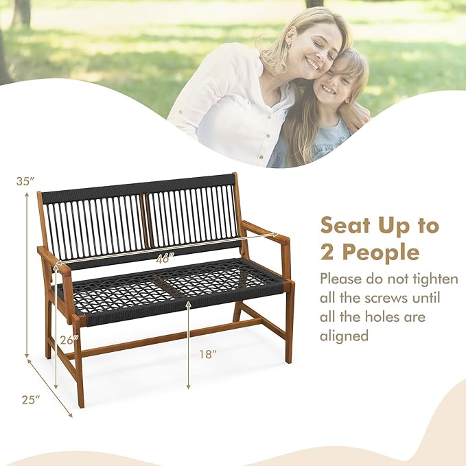 Tangkula Outdoor Acacia Wood Bench, All-Weather Rope Woven Garden Bench with Backrest and Armrests, 2-Person Patio Bench for Porch, Backyard, 705 Lbs Max Load