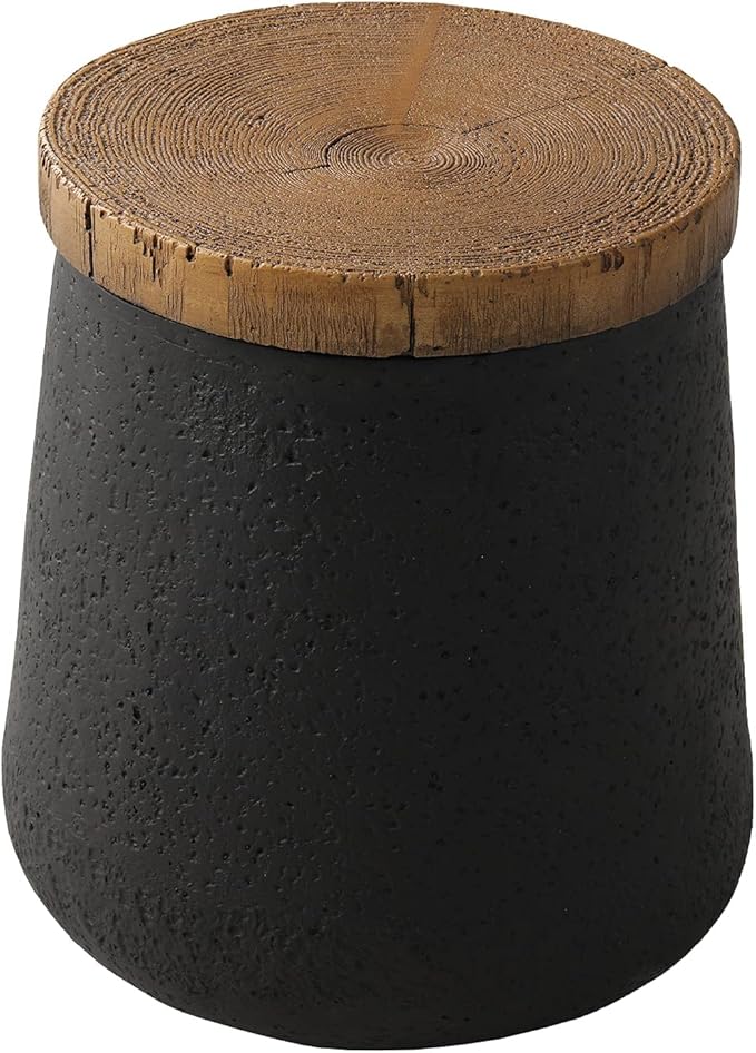 SUNBURY Small Outdoor Side Table, 13" W Black Outdoor End Tables for Patio, Accent Side Table, Garden Stool Wooden-Look Top Concrete for Livingroom Bedroom, Garden, Backyard