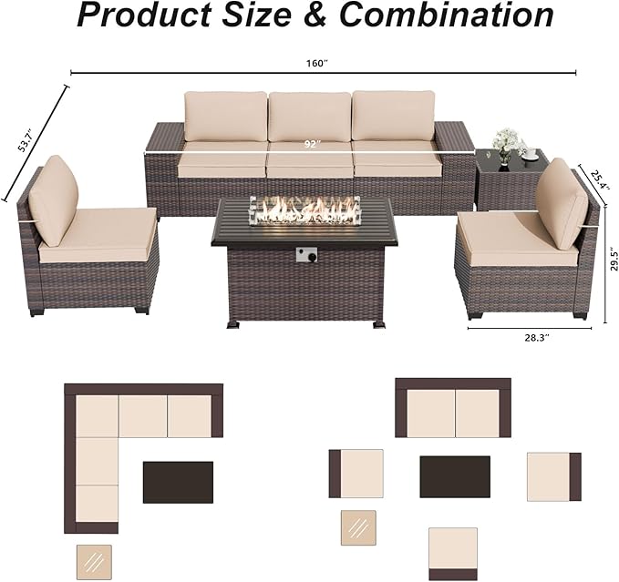 ALAULM 7 Pieces Patio Furniture Set with Fire Pit Table 55000BTU, Oversized Seat/Armrest and High Back Wicker Conversation Set with Thick Cushion for Backyard, Garden, Sand