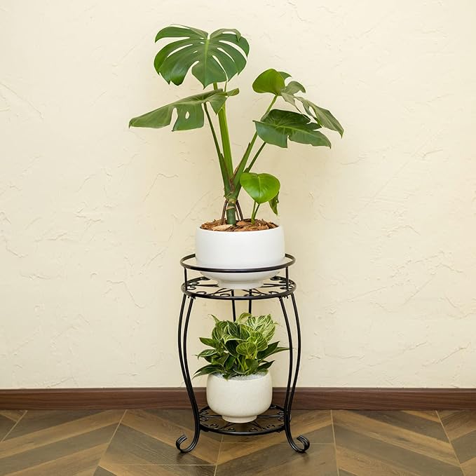 FaithLand 2 Pack Plant Stands, Heavy Duty Metal Planter Holder Indoor Outdoor, 2 Tier Round Potted Supports Rack, Corner Display Shelf Black