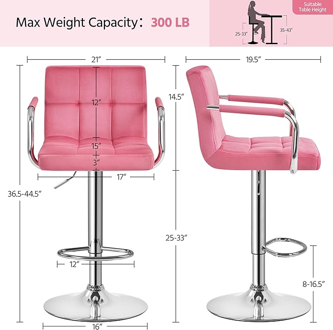 Yaheetech Bar Stools Set of 4, Velvet Fabric Swivel Barstools, Height Adjustable Counter Chairs, Modern Stools with Back for Bar Kitchen Island Dining Room, Pink