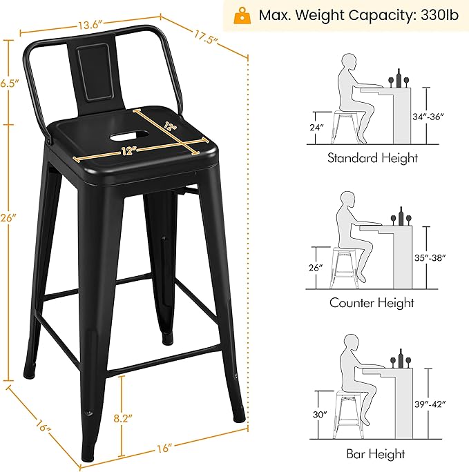 Yaheetech Bar Stools Set of 4, Metal Counter Height Chairs, 26 Inch Industrial Kitchen Stools with Backrest and Footrest for Indoor/Outdoor, Matte Black