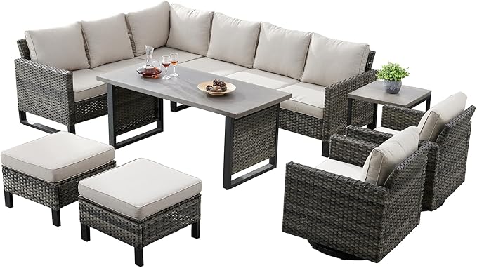 Belord Patio Sectional Furniture Set with Coffee Table: 8 Pieces Wicker Patio Conversation Set with L Shaped Sofa, Outdoor Swivel Glider Rocker, Rattan Ottomans, Removable